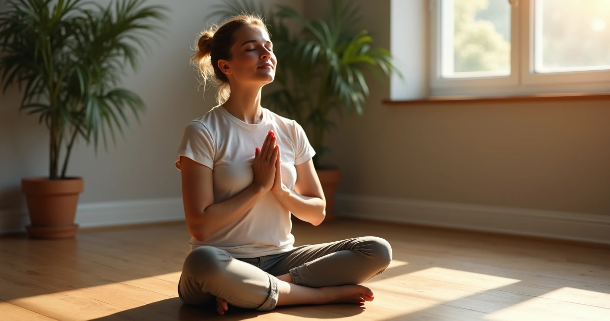 Pessoa sentada meditativa, mãos sobre o peito, olhos fechados, expressão serena, ambiente suave e iluminado. 