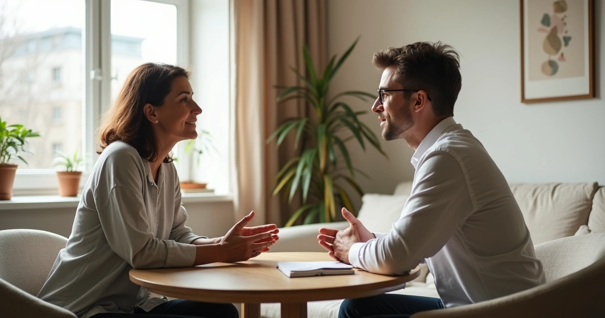 Duas pessoas conversando com calma enquanto uma escuta uma crítica com serenidade 