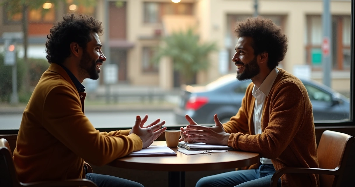 Duas pessoas de culturas diferentes conversando em café