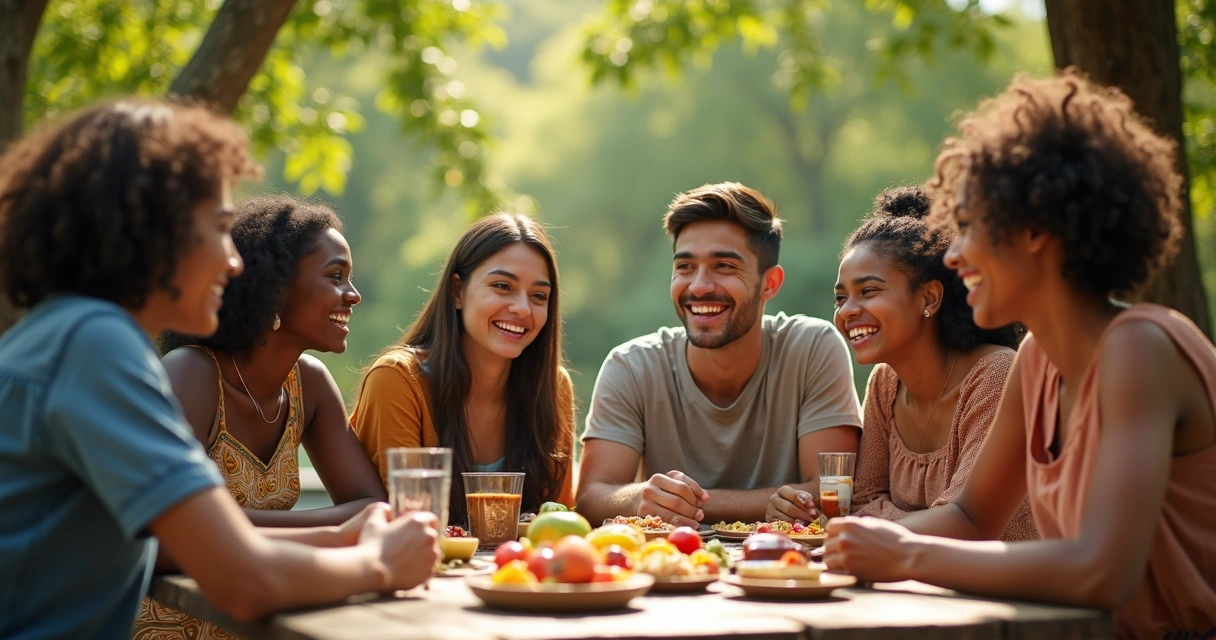 Grupo de jovens adultos dialogando ao ar livre com elementos de diferentes culturas ao redor 