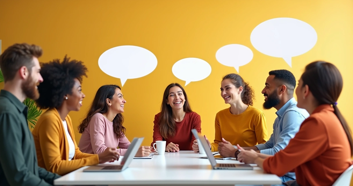 Pessoas dialogando em diferentes idiomas e mostrando emoções