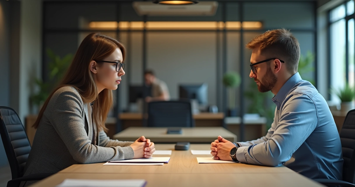 Duas pessoas sentadas à mesa em sala de reunião parecendo hesitantes e cautelosas