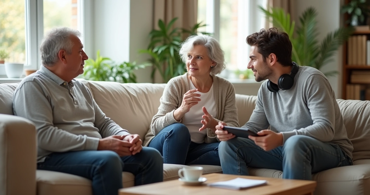 Tres generaciones conversando relajadas en una sala luminosa 