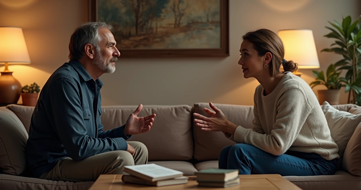 Dos personas conversando con calma en un sillón, una con manos abiertas, ambos relajados