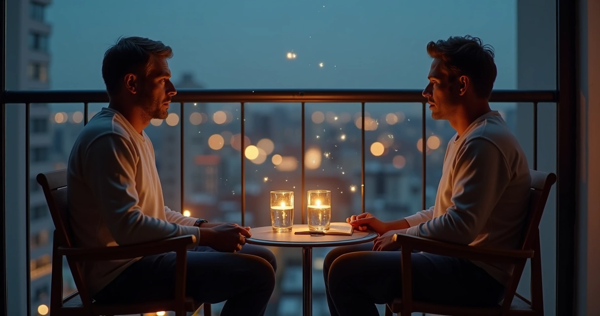 Duas pessoas em varanda à noite conversando com fios de luz entre elas 
