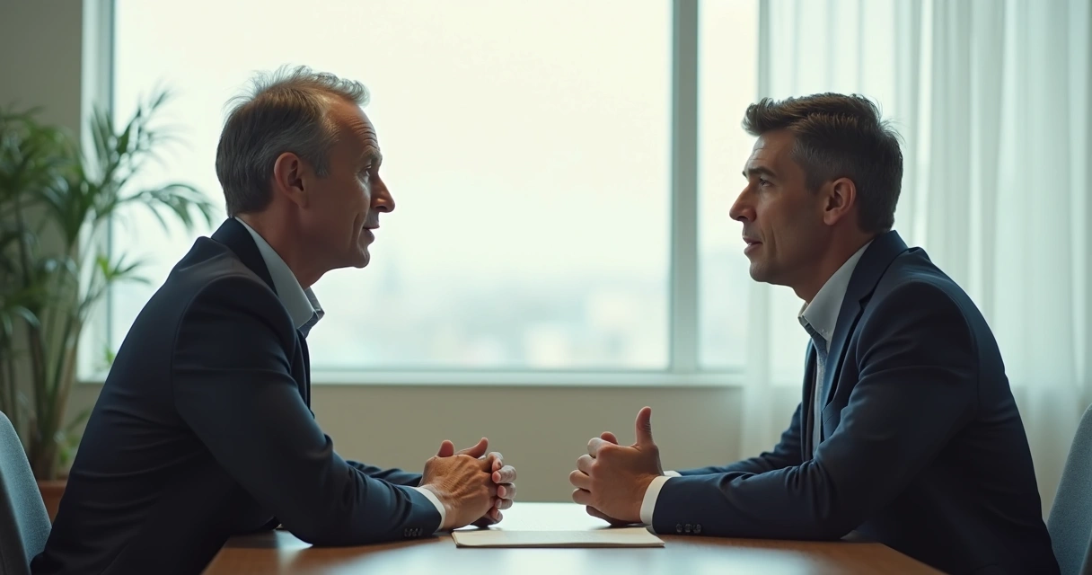 Duas pessoas sentadas frente a frente conversando de forma séria 