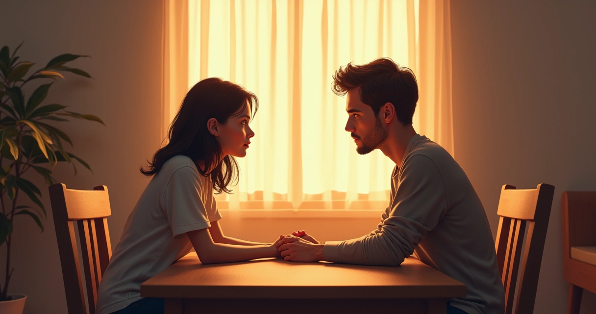 Duas pessoas sentadas e conversando seriamente, ambas prestando atenção uma na outra 