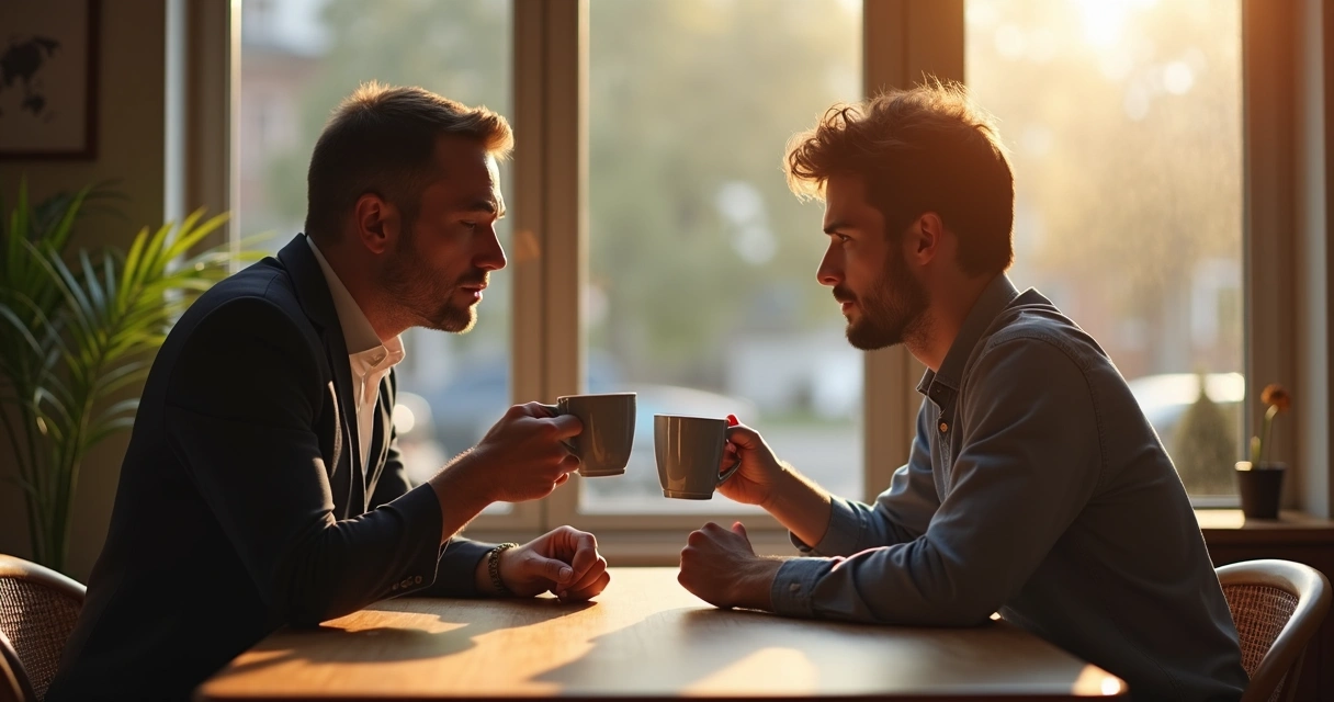 Duas pessoas sentadas à mesa em um café, conversando com expressões faciais sérias e corpo levemente inclinado, sugerindo um diálogo difícil. 
