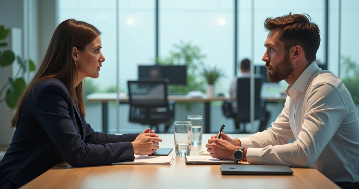Dois colegas em reunião séria conversando frente a frente em sala de escritório moderna 