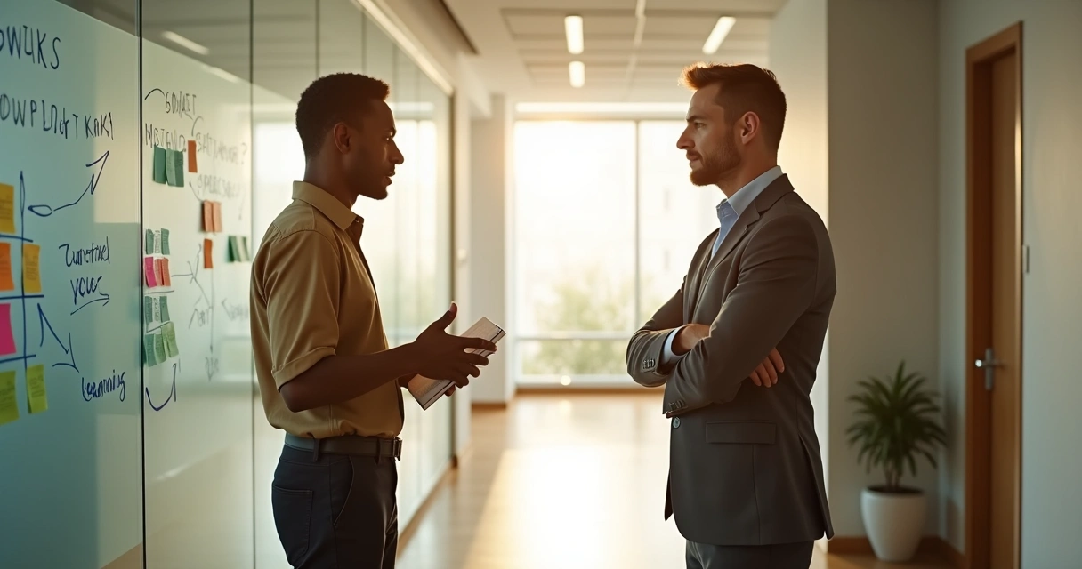 Duas pessoas conversando em pé com quadro transparente cheio de anotações ao fundo 