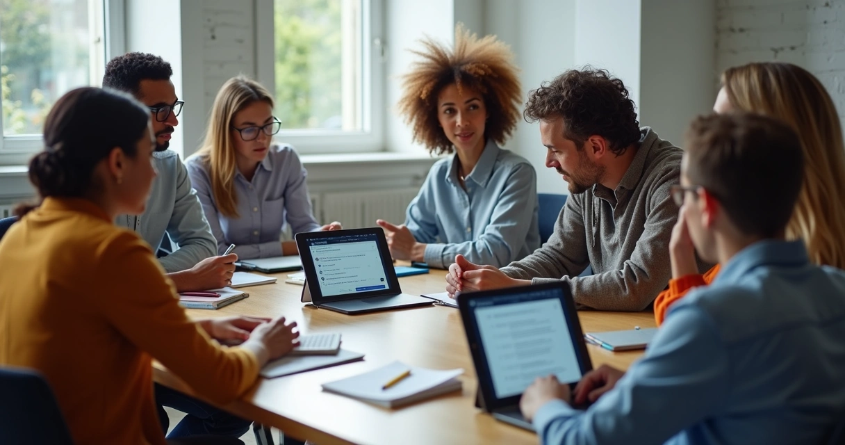 Grupo em conversa respeitosa diante de telas e anotações