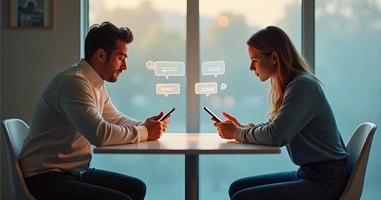 Duas pessoas conversando com celulares e interface digital ao fundo
