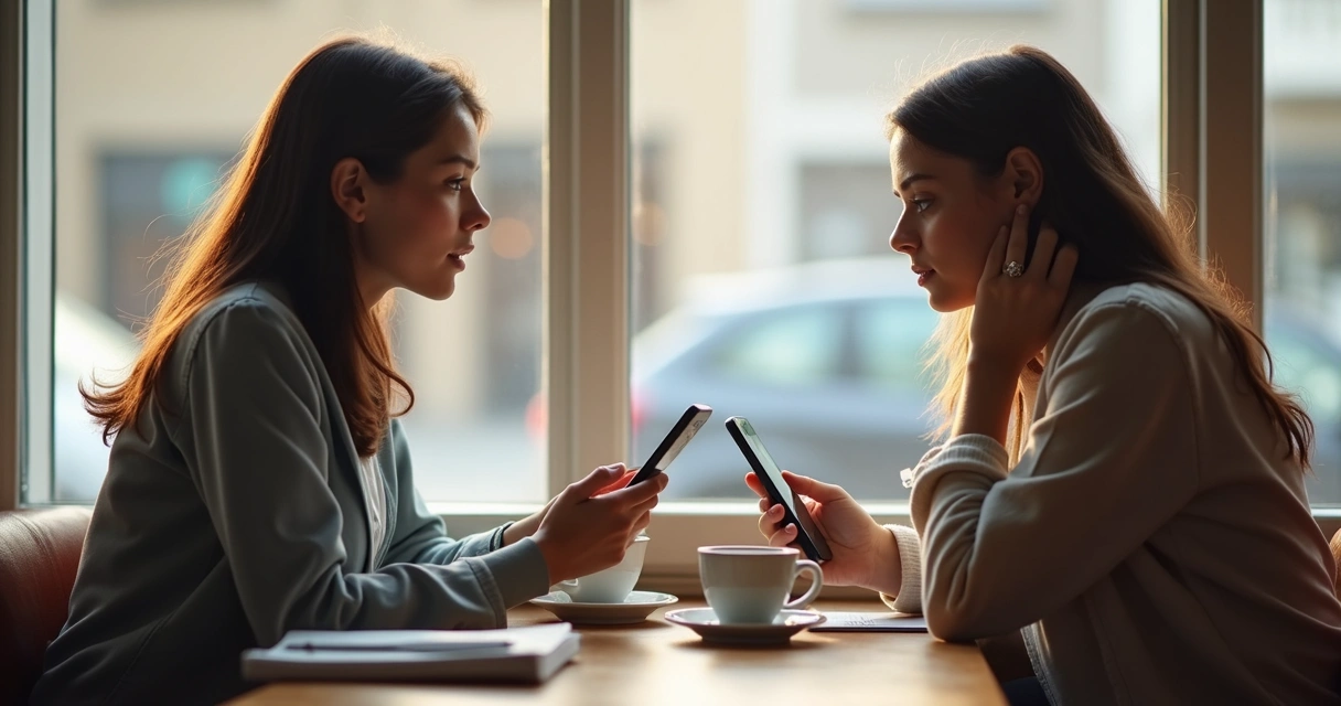 Dos personas conversando con móviles guardados sobre una mesa 