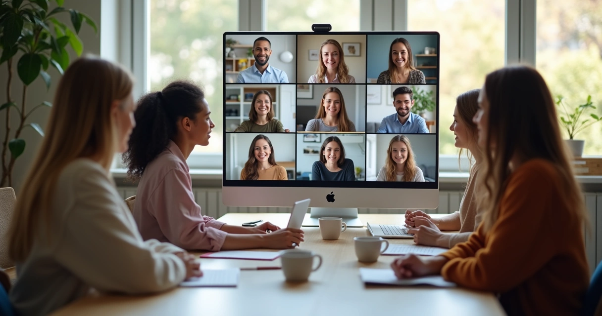 Grupo em conversa online calma com telas e expressões de escuta 