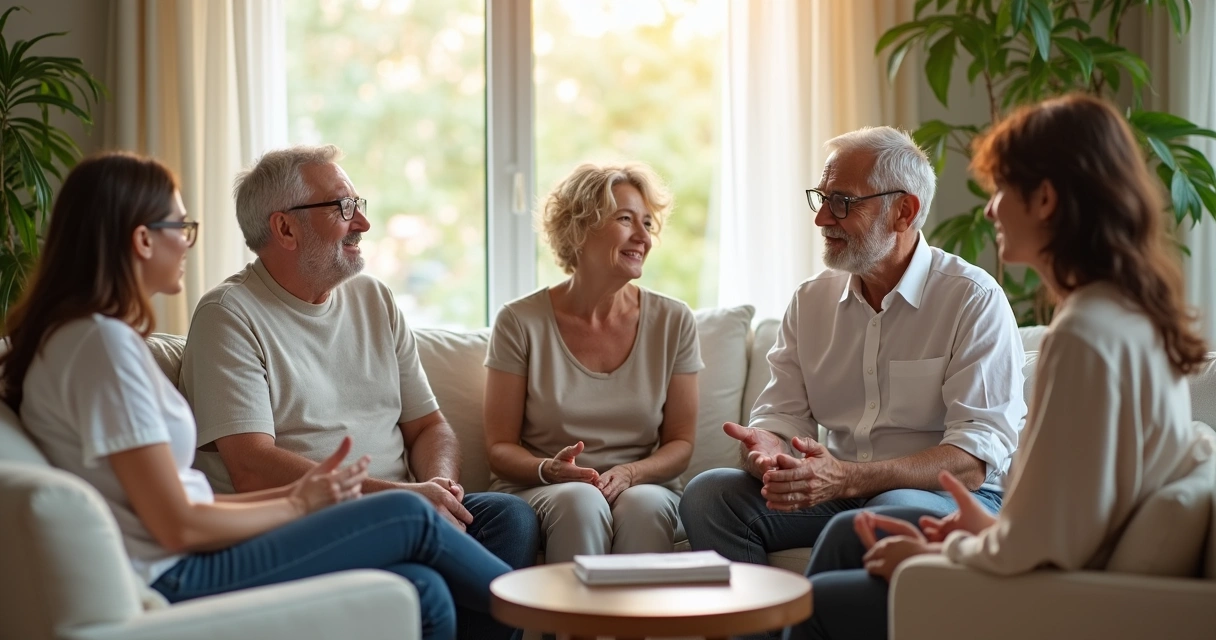 Grupo diverso em conversa harmoniosa em sala iluminada 