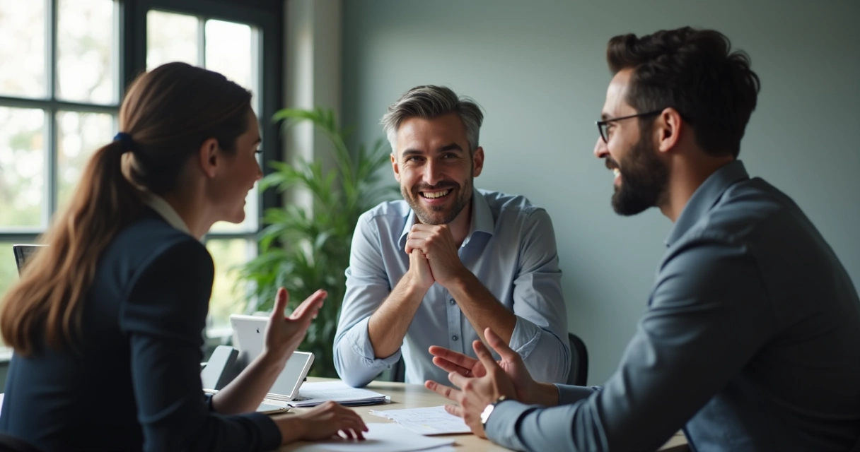 Profissionais conversando discretamente em um escritório 