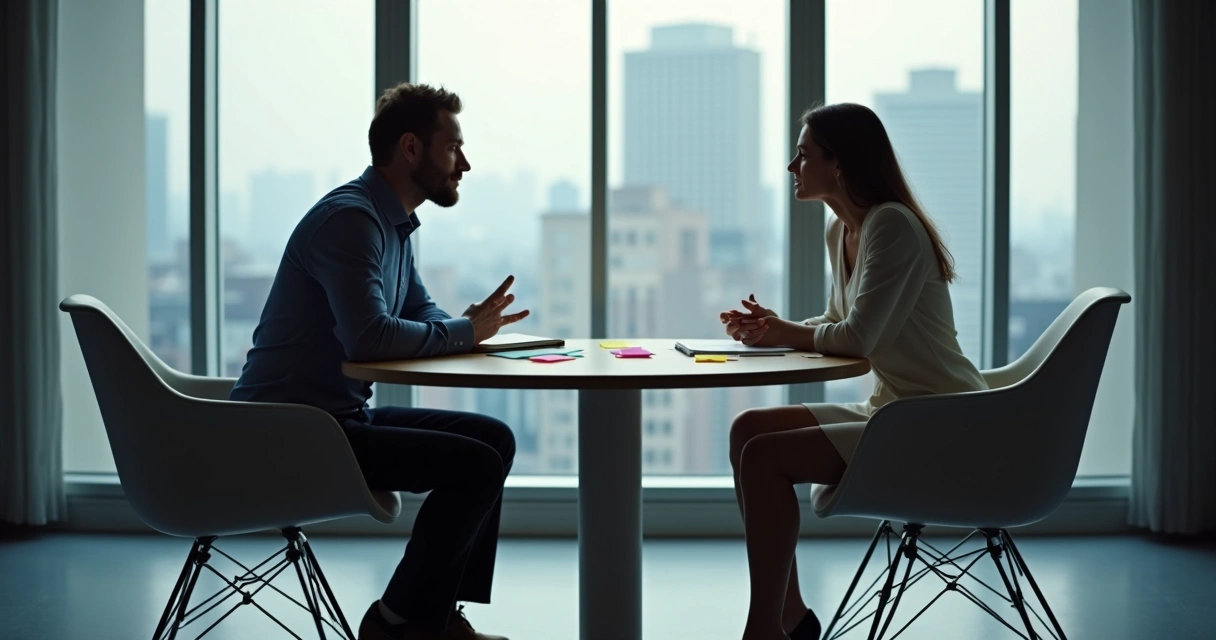 Duas pessoas sentadas frente a frente conversando em escritório 