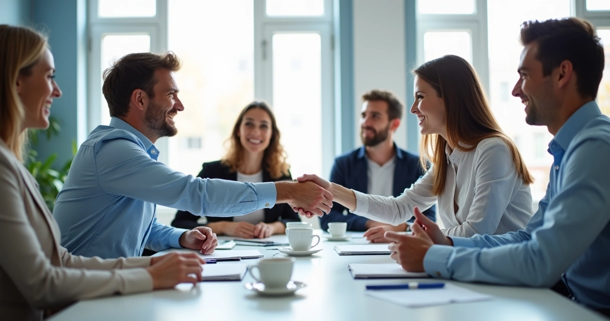 Dois colegas se cumprimentando com as mãos, sorrindo, após resolver conflitos em equipe