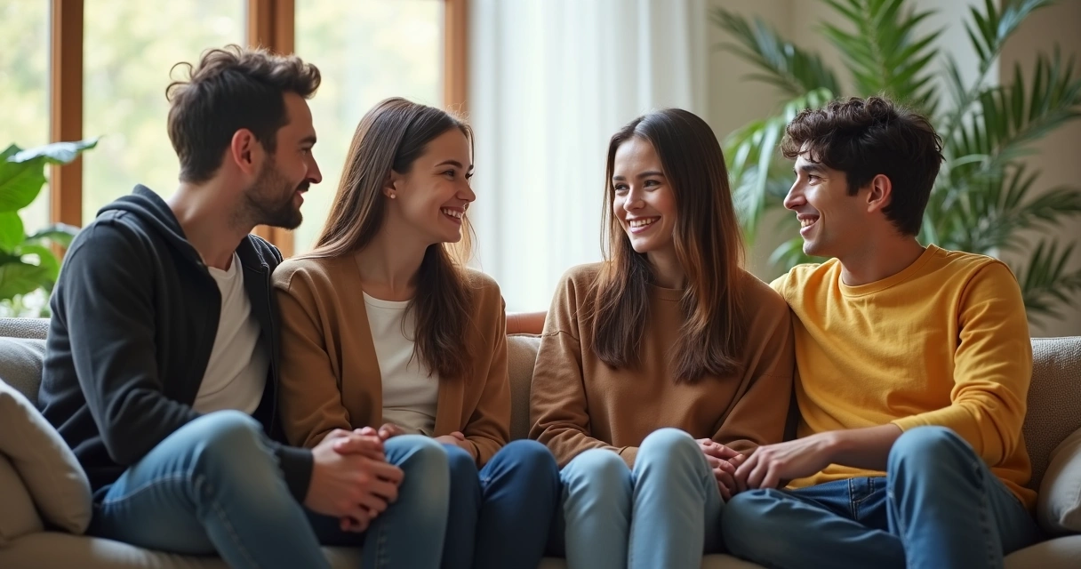 Família em sala de estar praticando diálogo sistêmico e respeitoso 