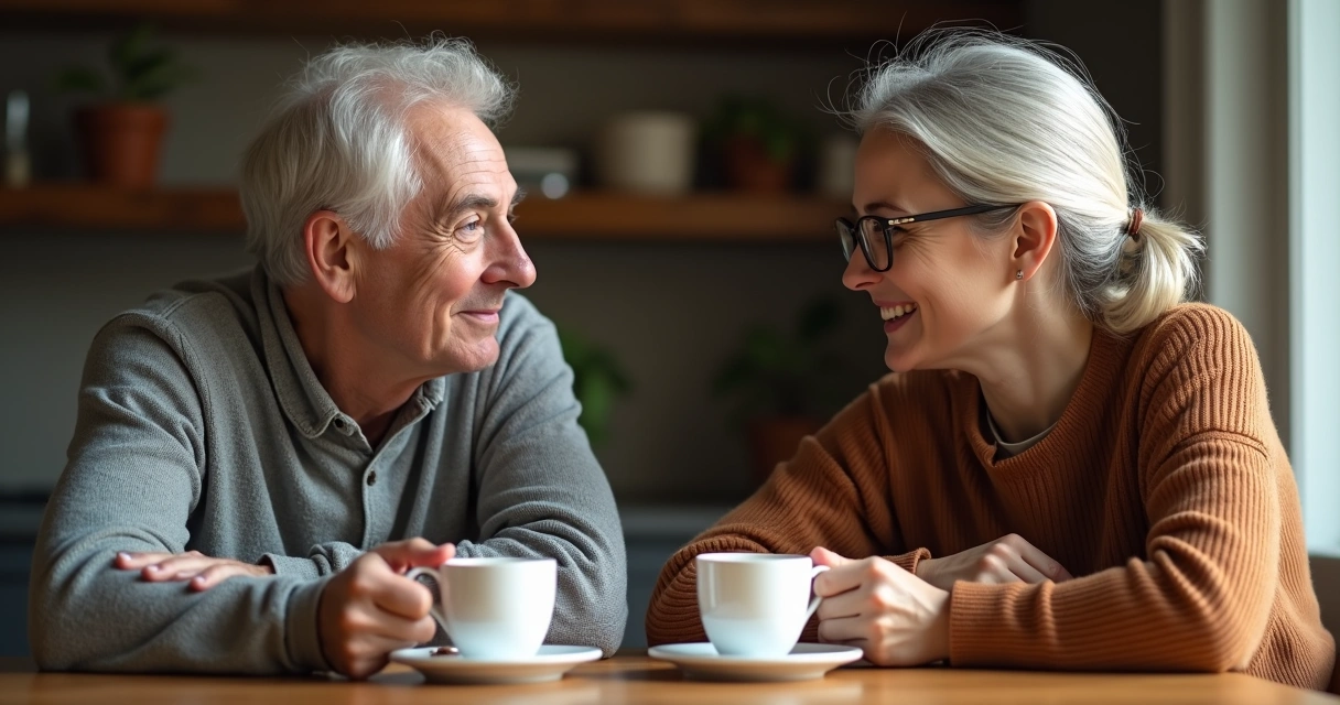 Duas pessoas sentadas à mesa conversando atentas uma à outra 