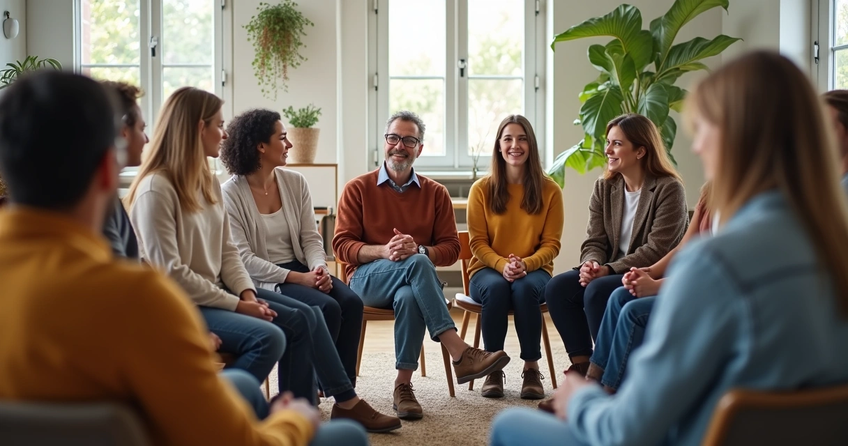 Grupo de pessoas sentadas em círculo conversando em um ambiente claro e acolhedor.