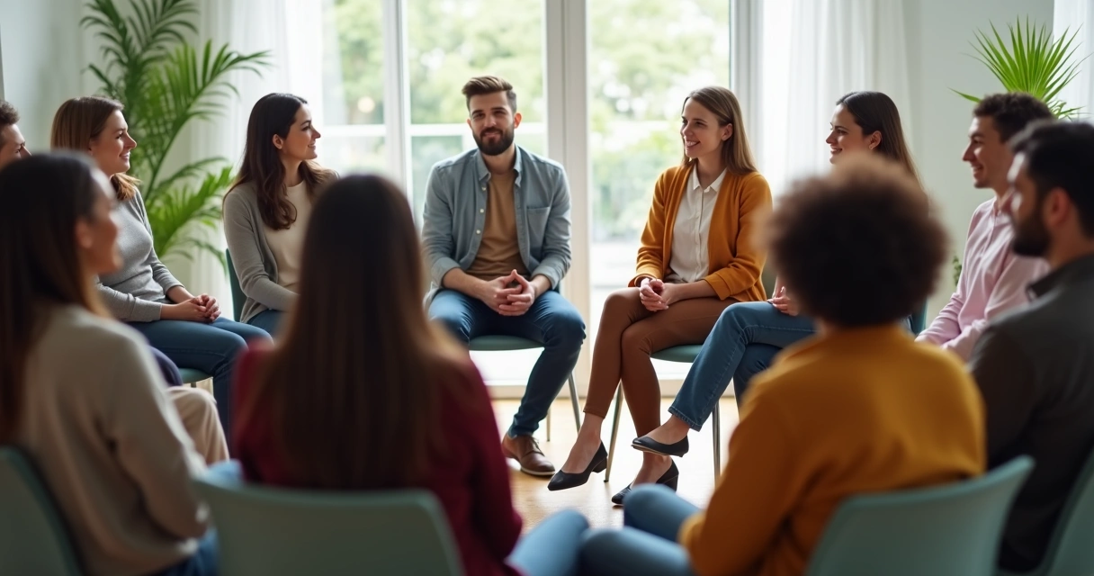 Pessoas conversando em grupo com expressão de atenção e respeito 