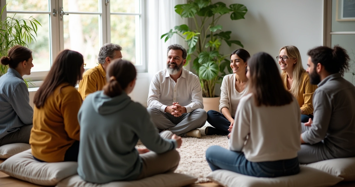 Grupo diverso sentado em círculo dialogando em ambiente acolhedor 