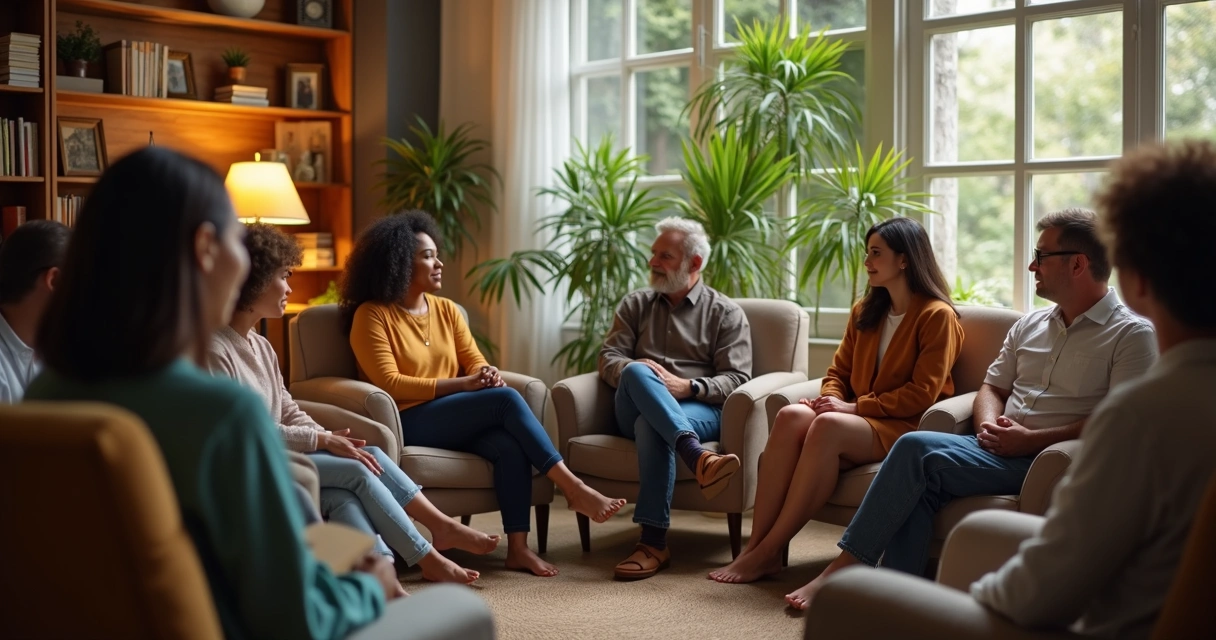 Grupo de pessoas em círculo conversando em ambiente acolhedor 