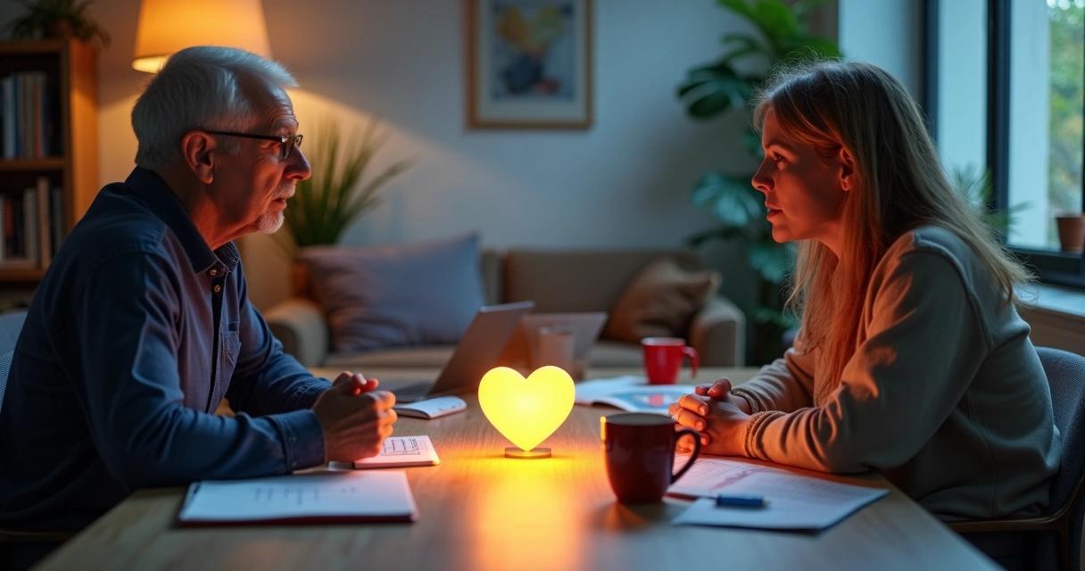 Duas pessoas conversando em lados opostos de uma mesa com um coração luminoso ao centro 