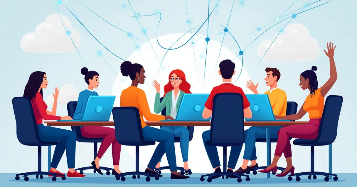 Desenho de pessoas conectadas por linhas digitais discutindo em telas 