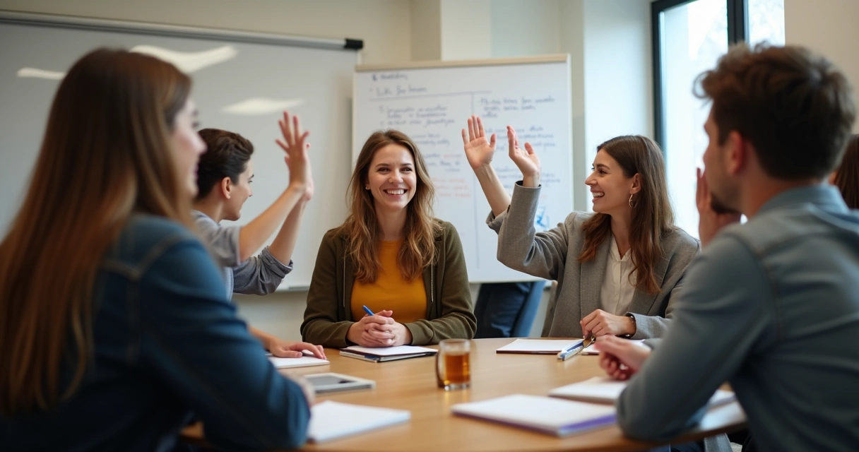 Participantes levantando a mão em sala de aprendizagem 