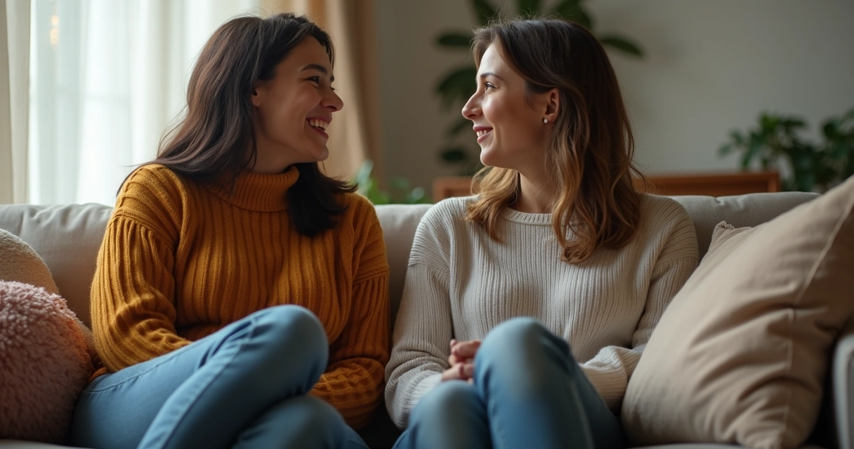 Duas pessoas conversando sentadas em um sofá, demonstrando expressão de empatia 
