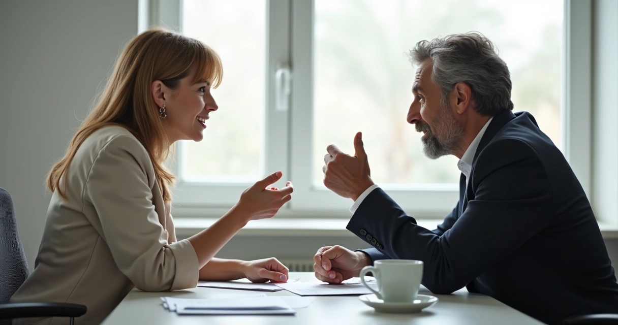 Dos personas dialogando en una oficina, una con gestos contenidos y otra mostrando empatía 