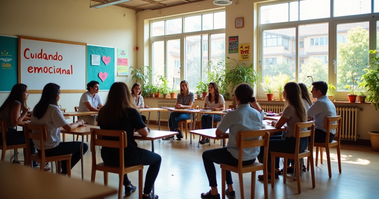 Profesores y estudiantes sentados en círculo conversando en el aula