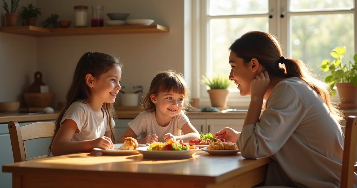 Família monoparental jantando e conversando na cozinha, mostrando diálogo emocional saudável.