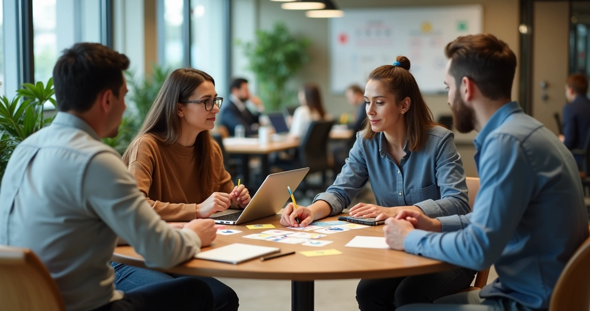 Colegas em ambiente de escritório moderno usando cartões coloridos de emoções em uma roda de conversa 