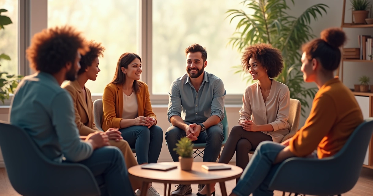 Colegas de trabalho sentados em círculo, conversando e sorrindo. 