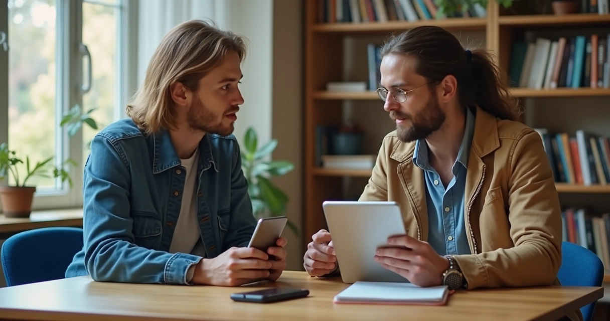 Duas pessoas conversando sobre emoções diante de telas 