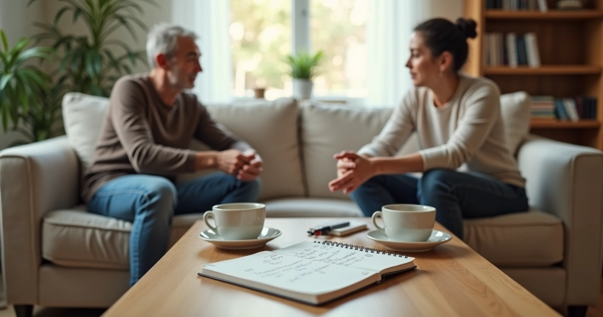 Dos personas conversan con calma en una sala acogedora con cuaderno de preguntas sobre la mesa 