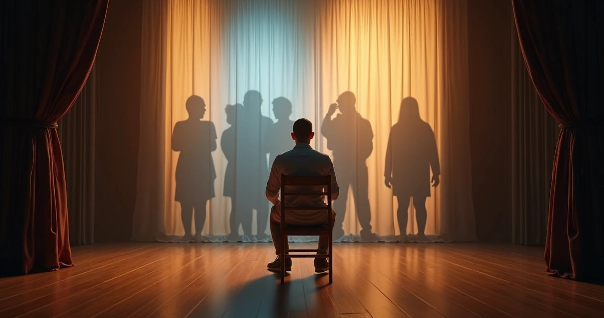 Persona frente a cortinas con siluetas de emociones proyectadas en sombras 