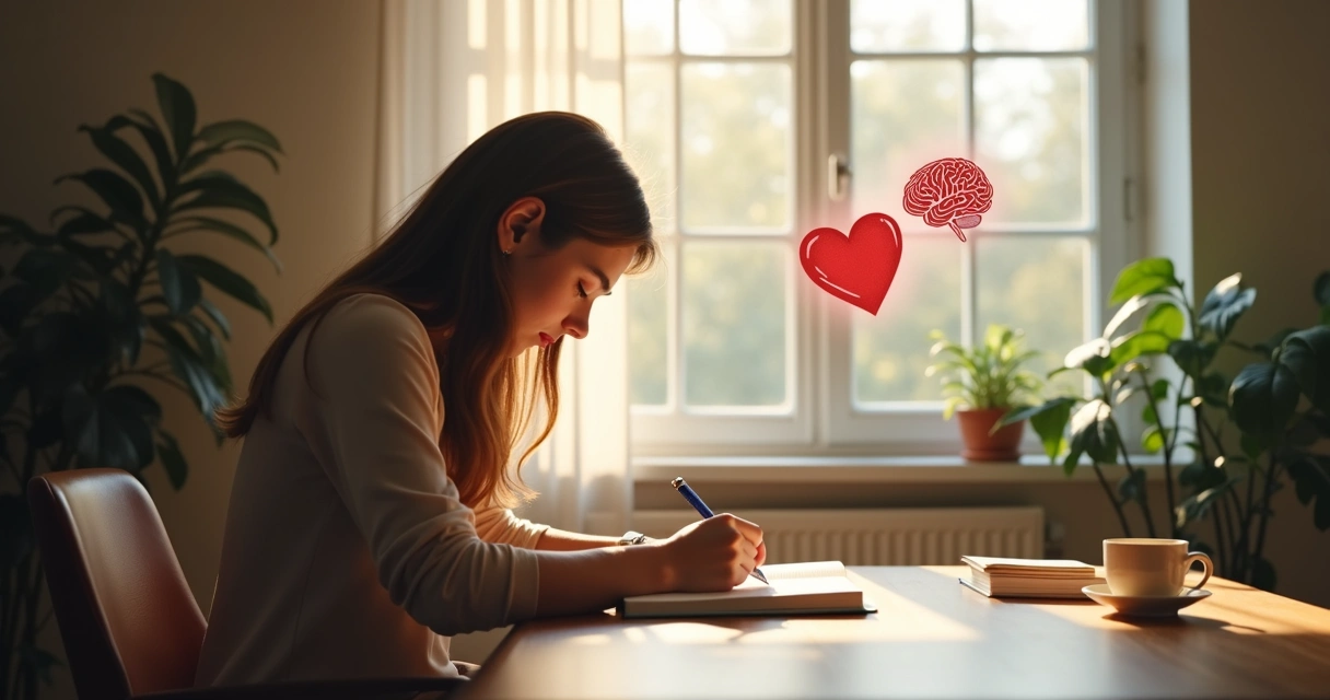 Persona sentada escribiendo en un diario, rodeada de símbolos de corazón y cerebro 
