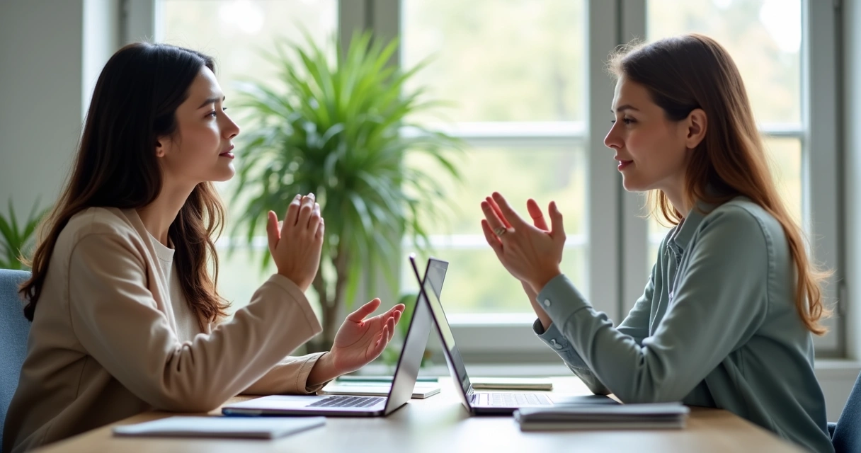 Dois colegas de trabalho conversam de forma respeitosa em um escritório iluminado, ambos demonstrando atenção enquanto um fala e o outro escuta, com expressões serenas 