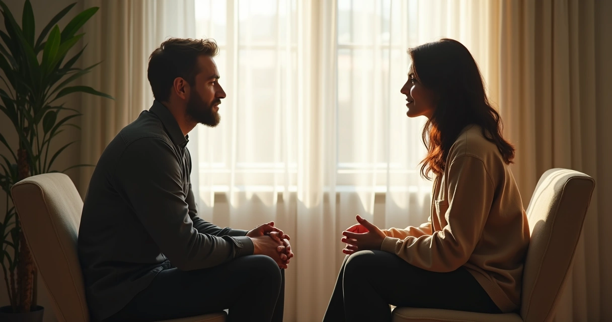 Duas pessoas conversando sentadas diante de uma janela, expressando compreensão e respeito, luz suave na cena 