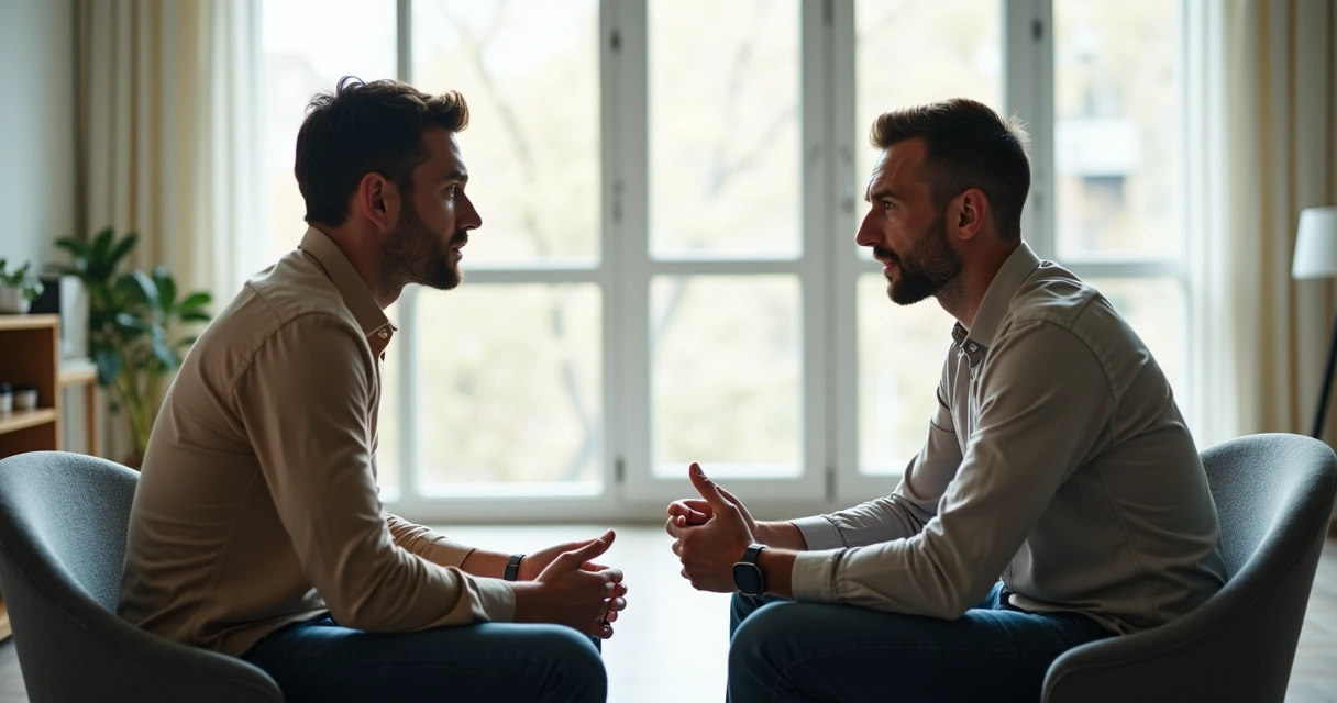 Duas pessoas conversando em uma sala, uma escutando atenta e outra parecendo desconfortável 