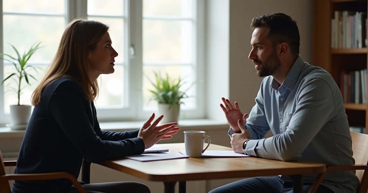 Duas pessoas conversando olho no olho sentadas em uma mesa de madeira com blocos de notas