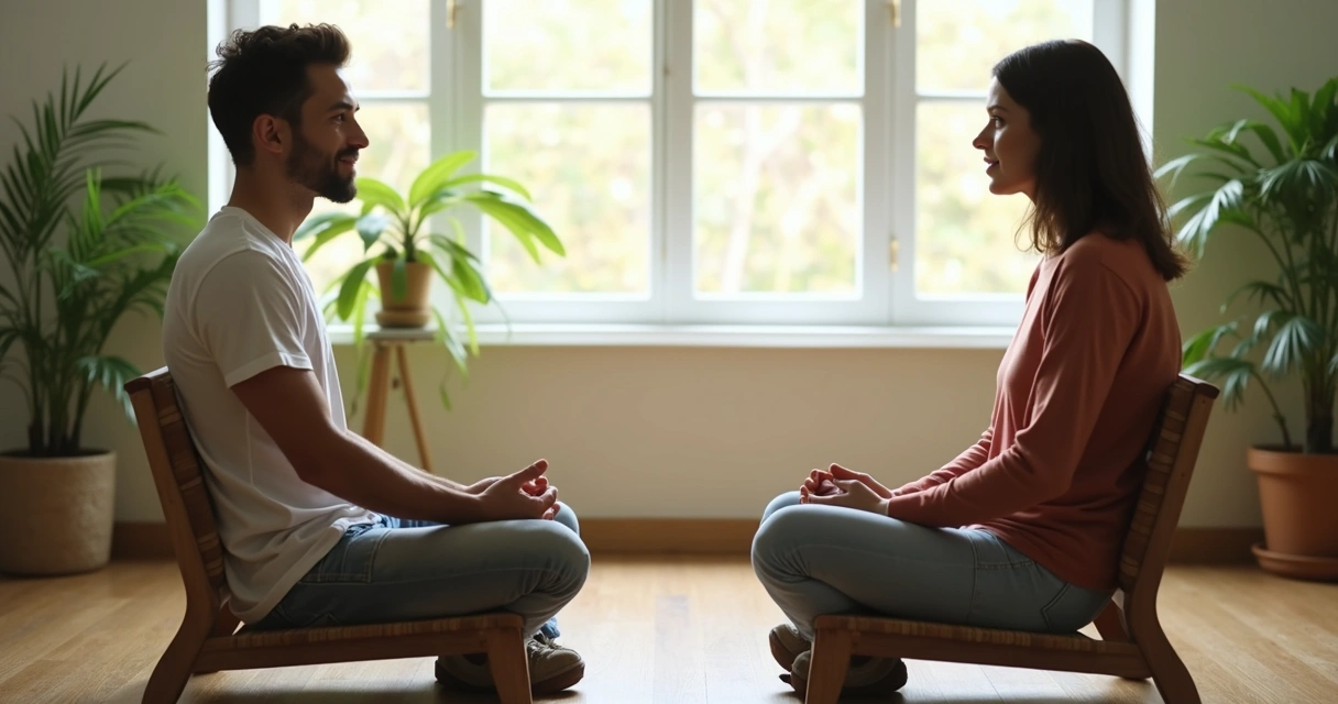 Dos personas sentadas frente a frente, conversando con serenidad y empatía en un entorno luminoso 