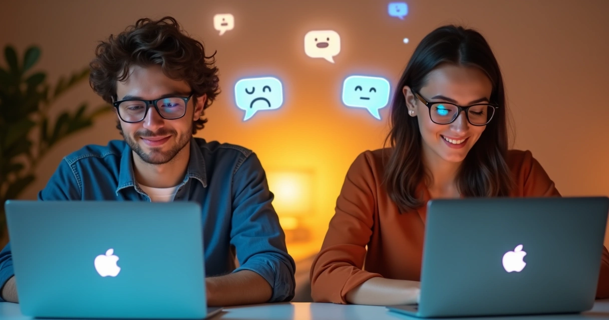 Duas pessoas com computadores compartilhando mensagens e emojis