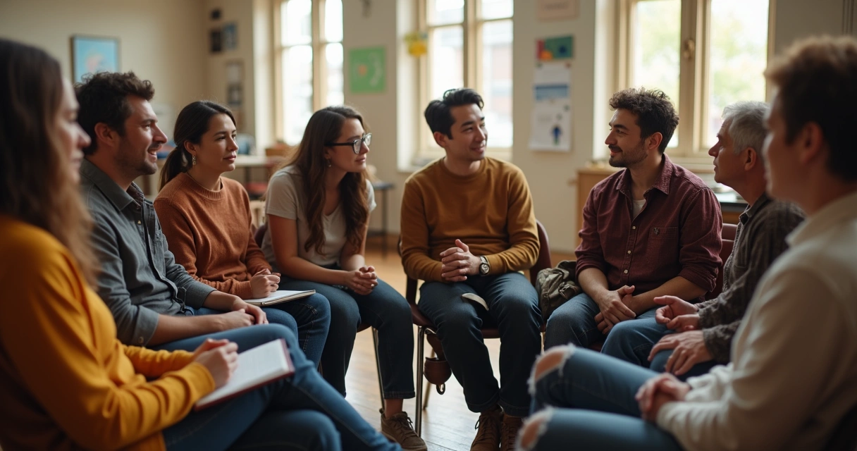 Grupo diverso em roda discutindo política local com empatia 