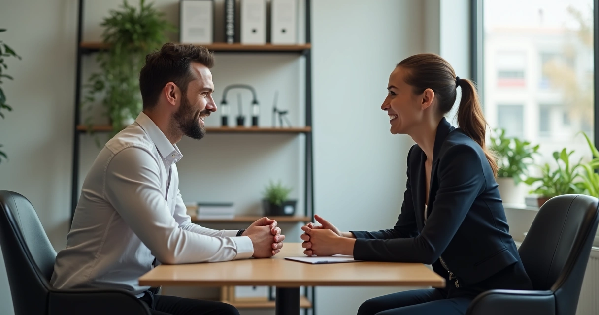 Duas pessoas dialogando com expressão empática em sala de reunião. 