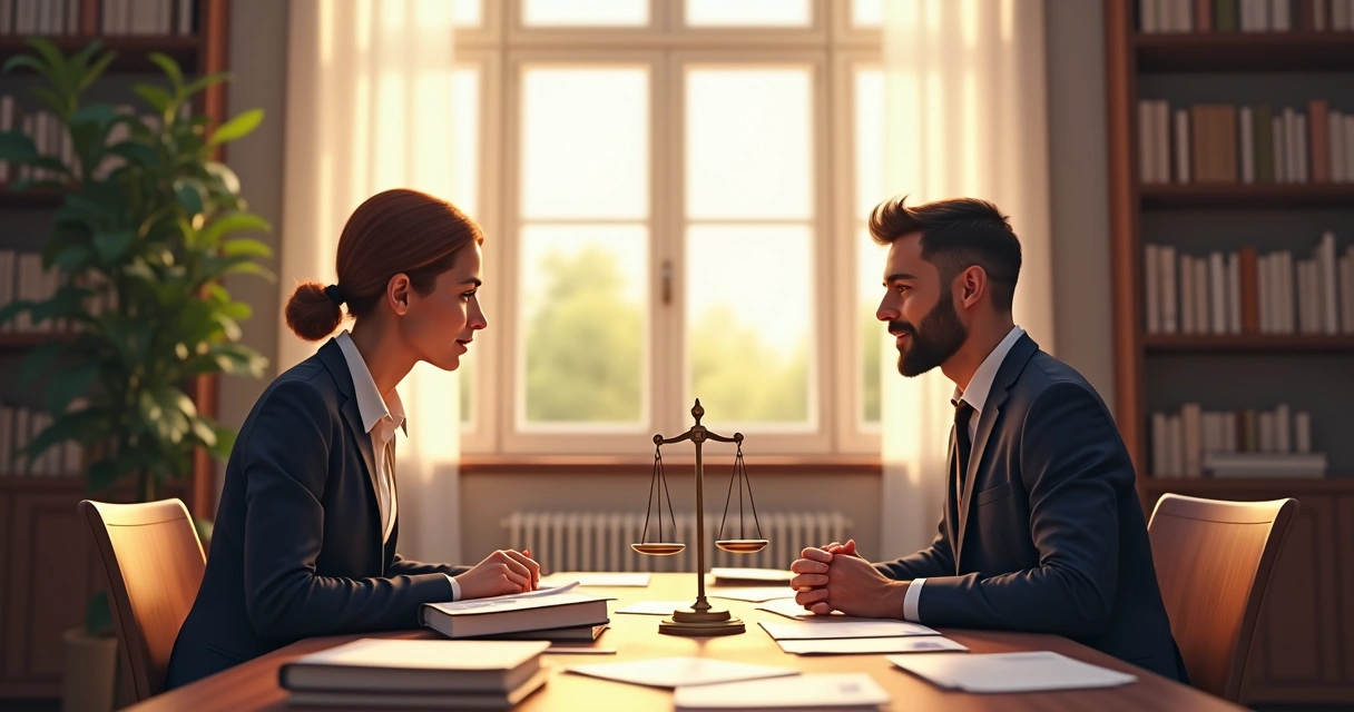 Duas pessoas de diferentes origens conversando em uma mesa redonda com papéis e livros sobre justiça